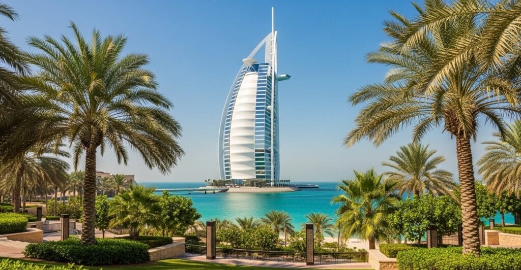 Burj Al Arab Dubai standing tall by turquoise waters and palm trees under clear blue sky
