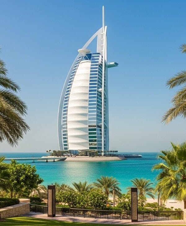 Burj Al Arab Dubai standing tall by turquoise waters and palm trees under clear blue sky