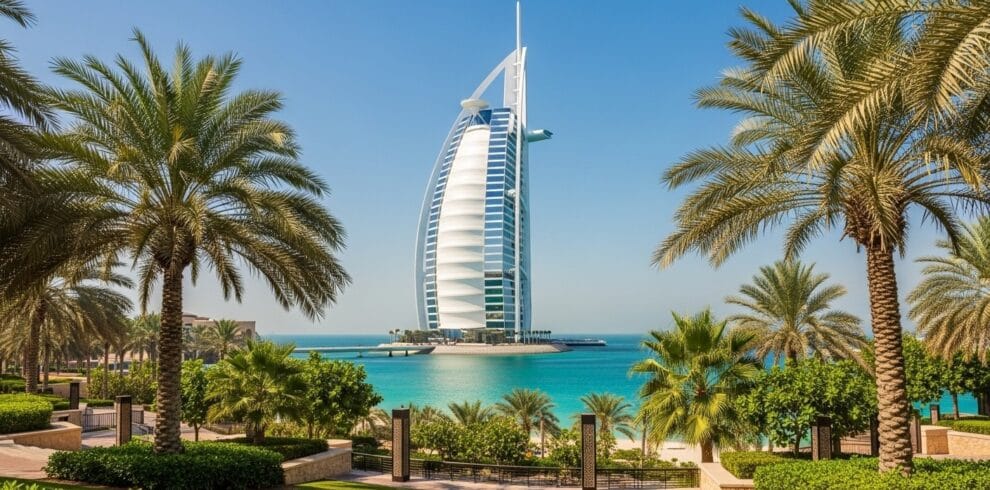 Burj Al Arab Dubai standing tall by turquoise waters and palm trees under clear blue sky