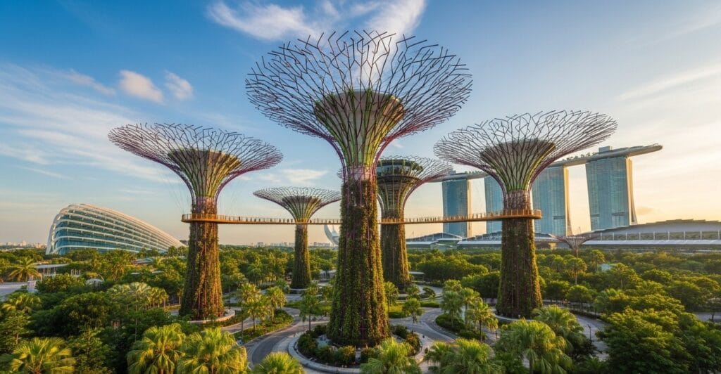 Wide-angle shot of Supertree Grove at Gardens by the Bay Singapore with warm sunlight and detailed textures