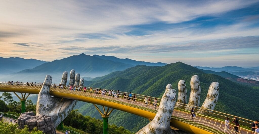 Golden Bridge at Ba Na Hills held by giant stone hands with misty mountains, highlight of Ba Na Hills tour veitnam