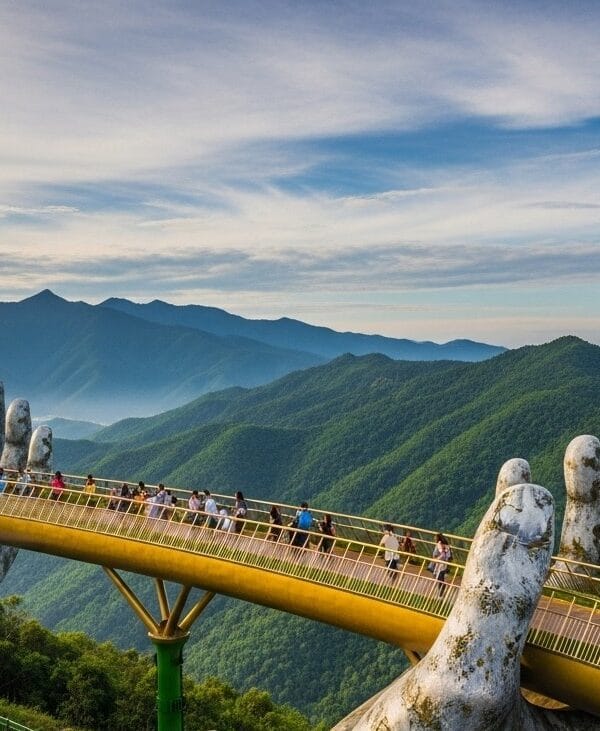 Golden Bridge at Ba Na Hills held by giant stone hands with misty mountains, highlight of Ba Na Hills tour veitnam