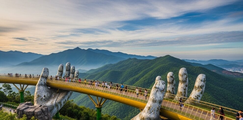 Golden Bridge at Ba Na Hills held by giant stone hands with misty mountains, highlight of Ba Na Hills tour veitnam