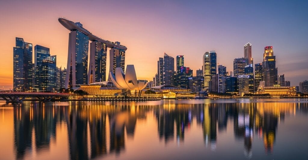Futuristic Marina Bay Sands and Singapore skyline at golden hour with vibrant city lights
