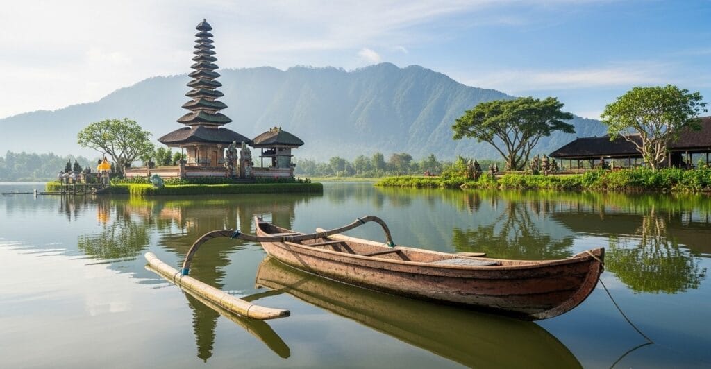 Wide-angle shot of Bali showing canoe on calm water and Balinese pagoda surrounded by greenery