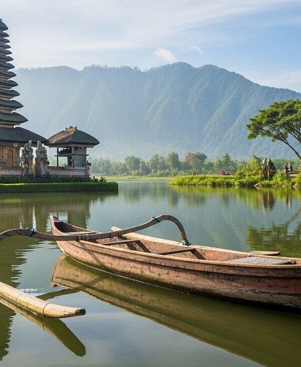 Wide-angle shot of Bali showing canoe on calm water and Balinese pagoda surrounded by greenery