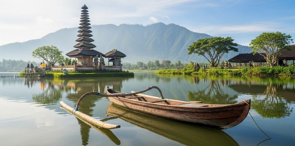 Wide-angle shot of Bali showing canoe on calm water and Balinese pagoda surrounded by greenery