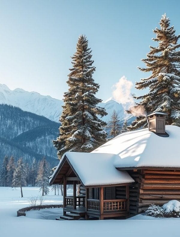 Traditional Kashmiri wooden house with snow-covered roof among pine trees and Himalayan mountains, highlight of Kashmir's winter