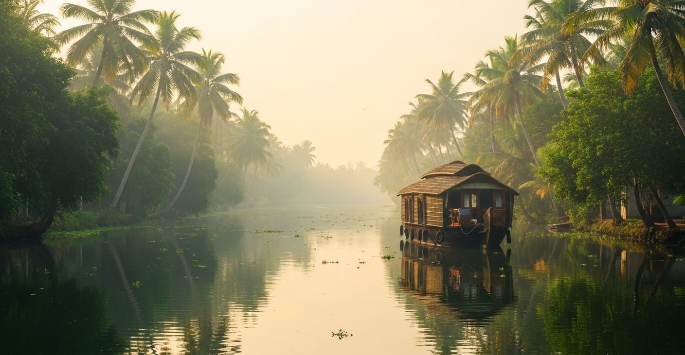 Traditional houseboat floating on Kerala backwaters during misty morning, highlight of Kerala holiday