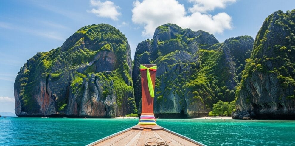 Traditional longtail boat approaching Phi Phi Islands Thailand with turquoise water and limestone cliffs