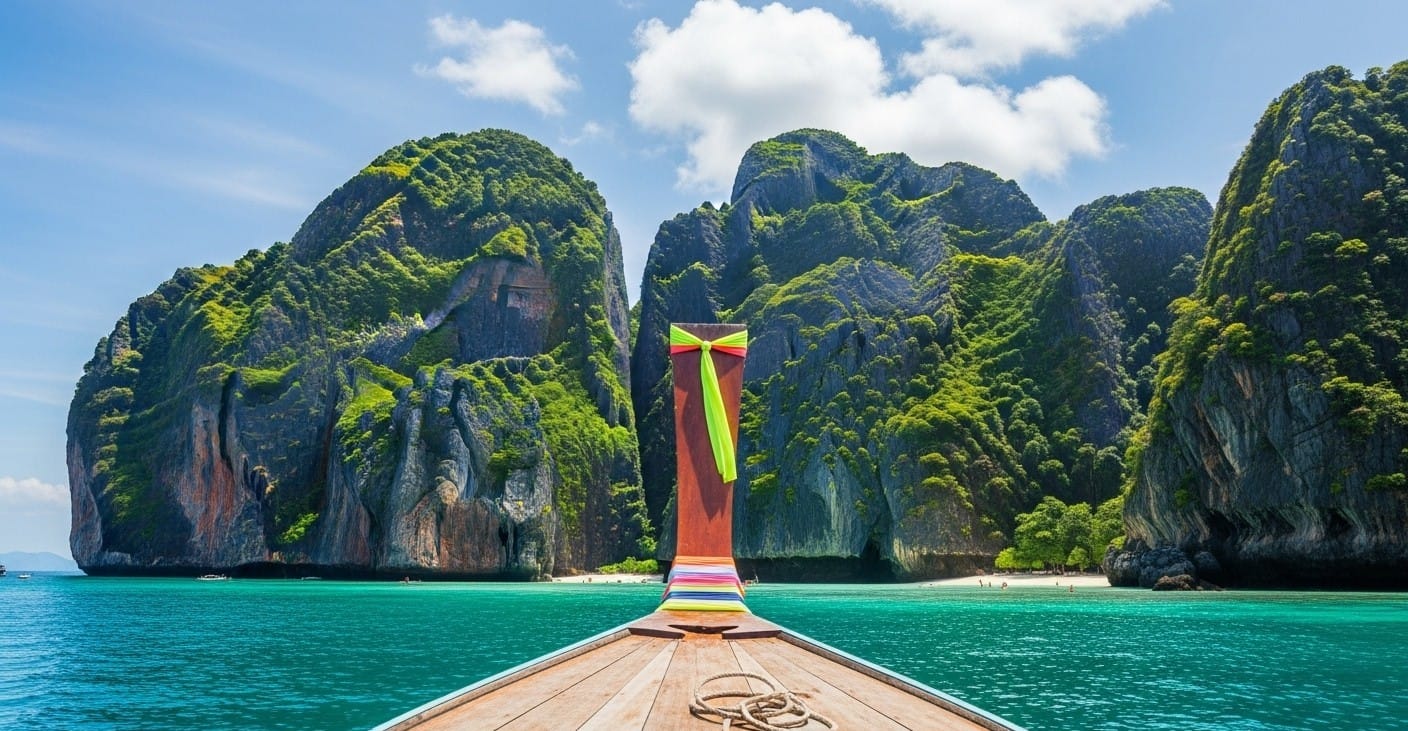 Traditional longtail boat approaching Phi Phi Islands Thailand with turquoise water and limestone cliffs