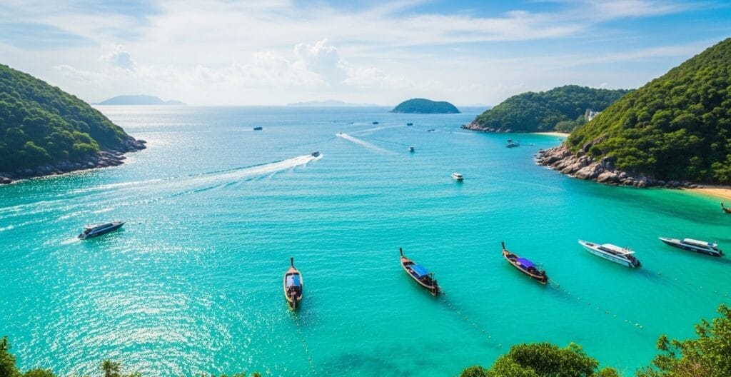 Turquoise waters of the Andaman Sea in Phuket Thailand with longtail boats, speedboats, and golden beaches are highlight of Phuket Thailand