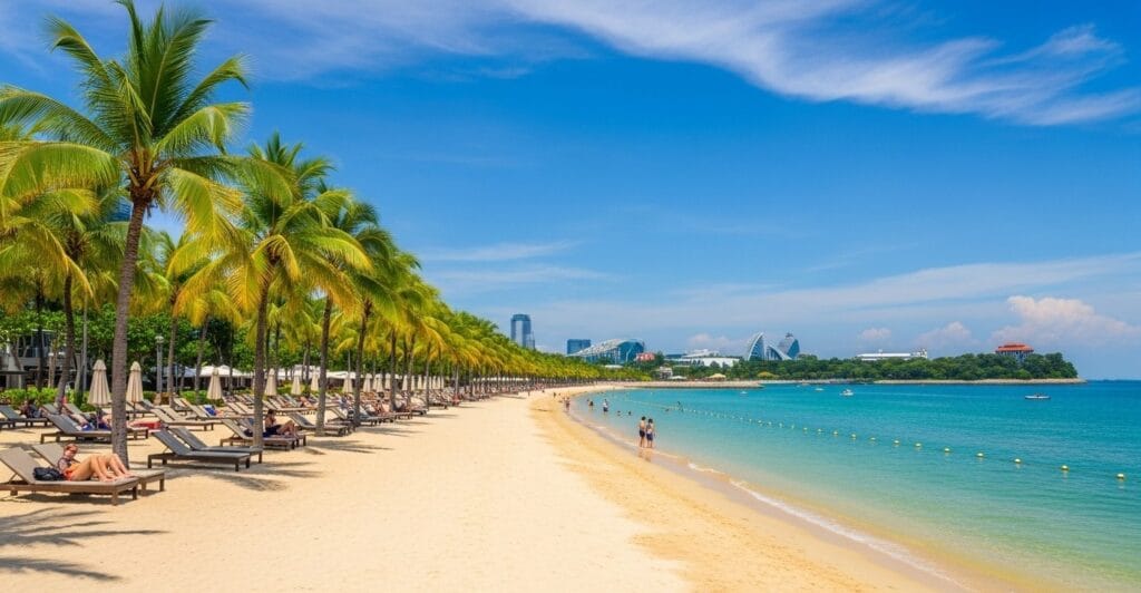 Tourists relaxing on Sentosa Island beach with clear blue sky, tropical palms, and turquoise waters