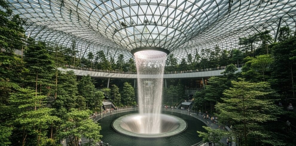 Modern and eco-friendly design of Changi Airport in Singapore with Rain Vortex and indoor greenery