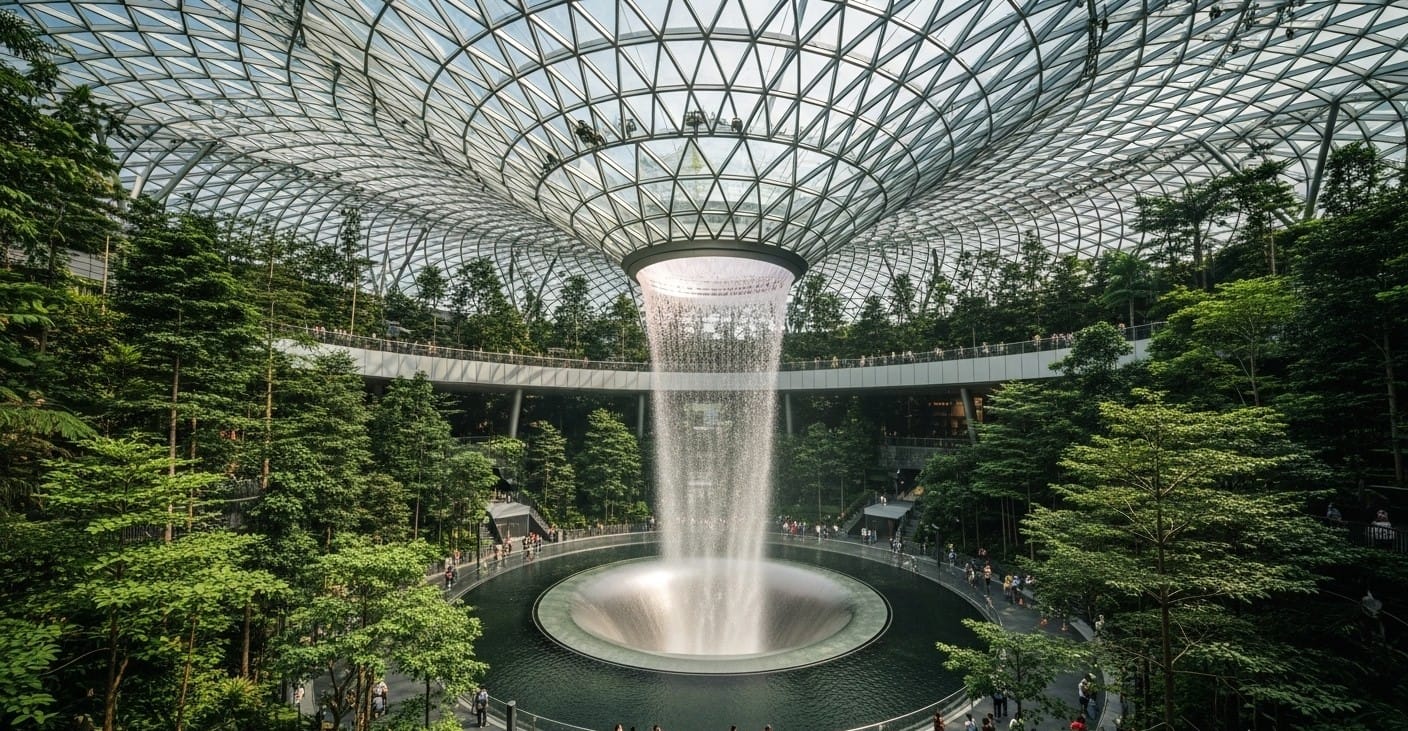 Modern and eco-friendly design of Changi Airport in Singapore with Rain Vortex and indoor greenery
