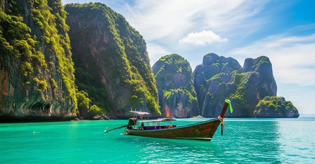 Wide-angle shot of Krabi in Thailand with turquoise water, limestone cliffs, and wooden longtail boat