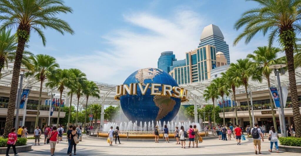 Tourists enjoying Universal Studios Singapore on Sentosa Island with iconic globe fountain