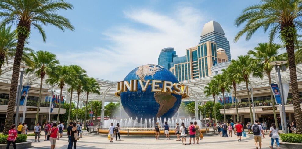 Tourists enjoying Universal Studios Singapore on Sentosa Island with iconic globe fountain