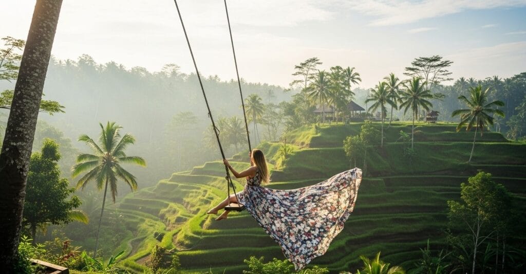 Girl on Bali Swing Ubud wearing a flowing dress with Tegallalang rice terraces and palm trees in the background