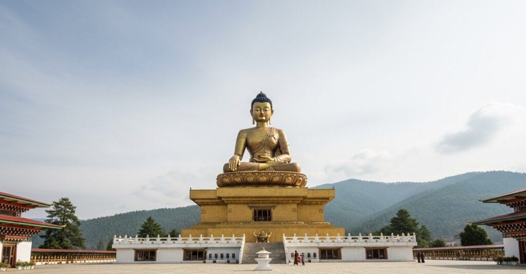 Golden Buddha Dordenma statue in Thimphu Bhutan viewed from courtyard with forested hills in background, highlight of Bhutan travel