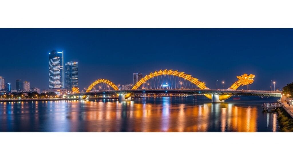 Dragon Bridge in Da Nang glowing at night with golden lights and river reflections, highlight of Da Nang tour