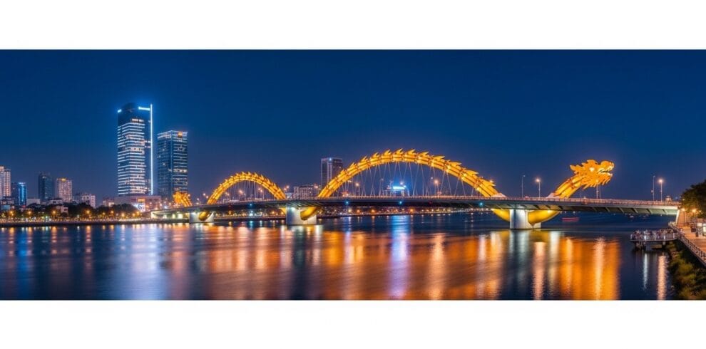 Dragon Bridge in Da Nang glowing at night with golden lights and river reflections, highlight of Da Nang tour