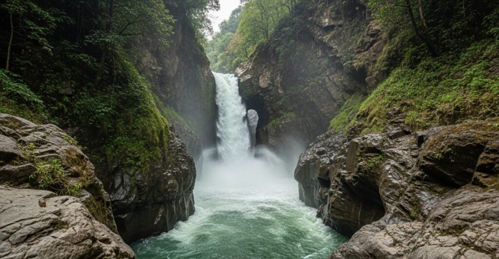 Wide-angle shot of Davis Falls (Patale Chhango) in Pokhara Nepal showing powerful waterfall and mist rising from gorge