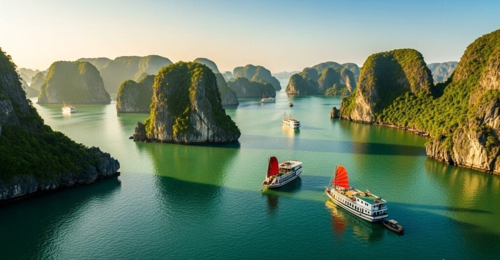 Traditional junk boats with red sails floating in green water around limestone karsts and jungle cliffs of Halong Bay, highlight of Halong Bay tour