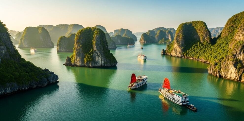 Traditional junk boats with red sails floating in green water around limestone karsts and jungle cliffs of Halong Bay, highlight of Halong Bay tour