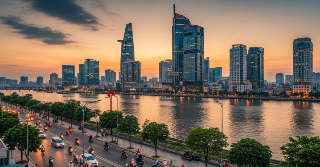 Skyline of Ho Chi Minh City with Bitexco Tower and Saigon River at sunset, highlight of Ho Chi Minh City tour veitnam