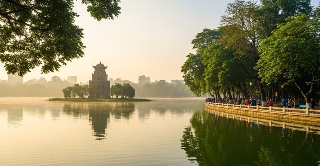 Turtle Tower on Hoan Kiem Lake with morning mist and golden sunlight, highlight of Hanoi travel packages