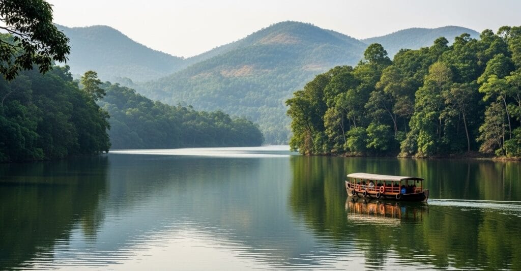 Traditional boat floating on calm Periyar Lake surrounded by green forests in Thekkady, Kerala holiday package