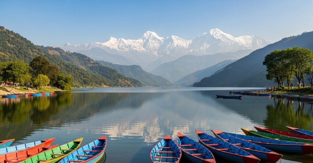 Phewa Lake in Pokhara Nepal with calm reflective waters, colorful boats, and Annapurna mountains in background, highlight of Pokhara Nepal trip