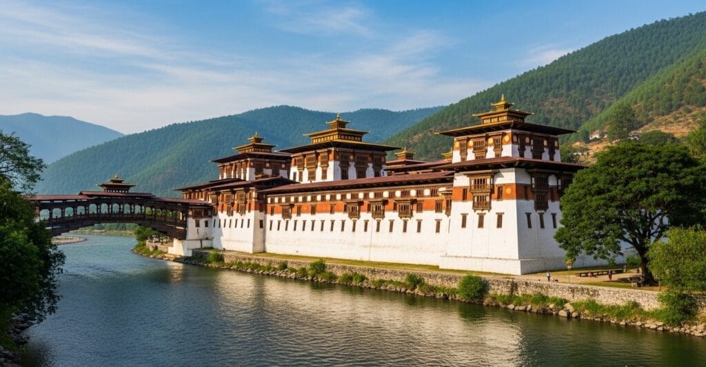 Punakha Dzong in Bhutan with white walls, red and gold roofs, and wooden bridge over river with mountain backdrop