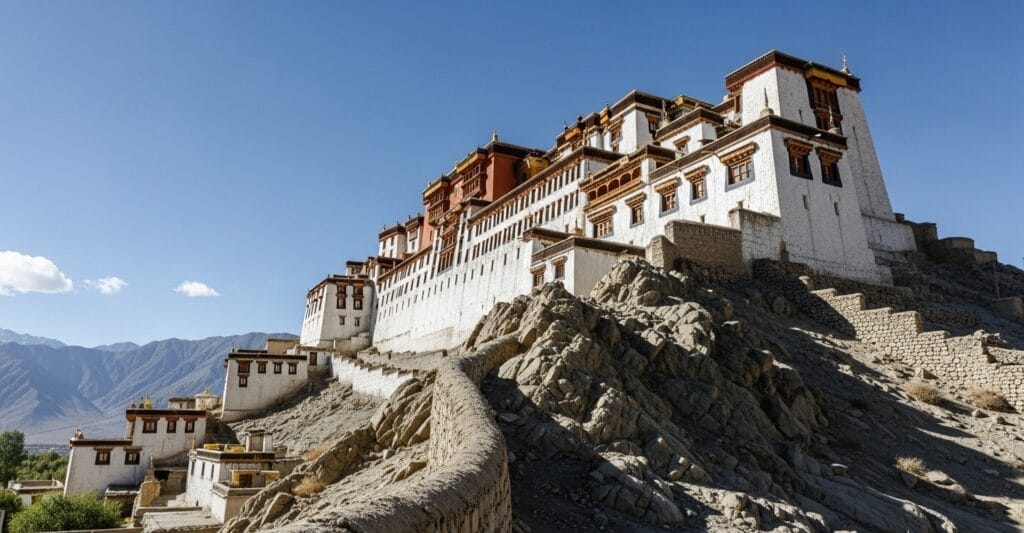 Shey Palace in Ladakh with rocky hills and clear blue sky, a highlight of Leh Ladakh tour package