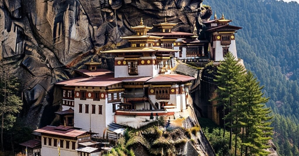 Close-up view of Tiger’s Nest Bhutan monastery with white walls, golden roofs, and wooden windows on cliffside