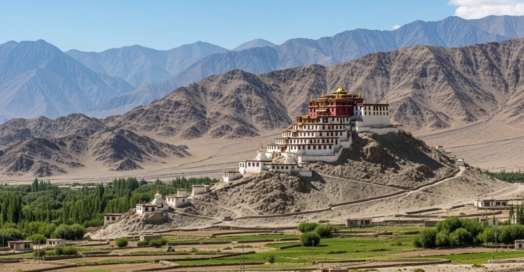 Layered hillside view of Thiksey Monastery with barren mountains, blue sky and rocky hills must-see stop in 7d/8n Ladakh package