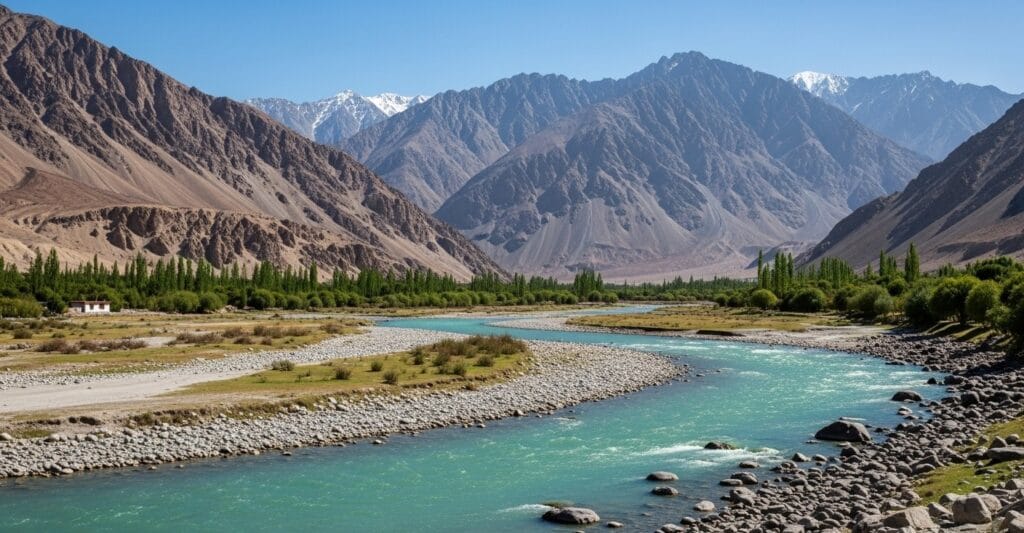Shyok River flowing through Turtuk valley with Karakoram mountains, a peaceful stop on a Ladakh holiday