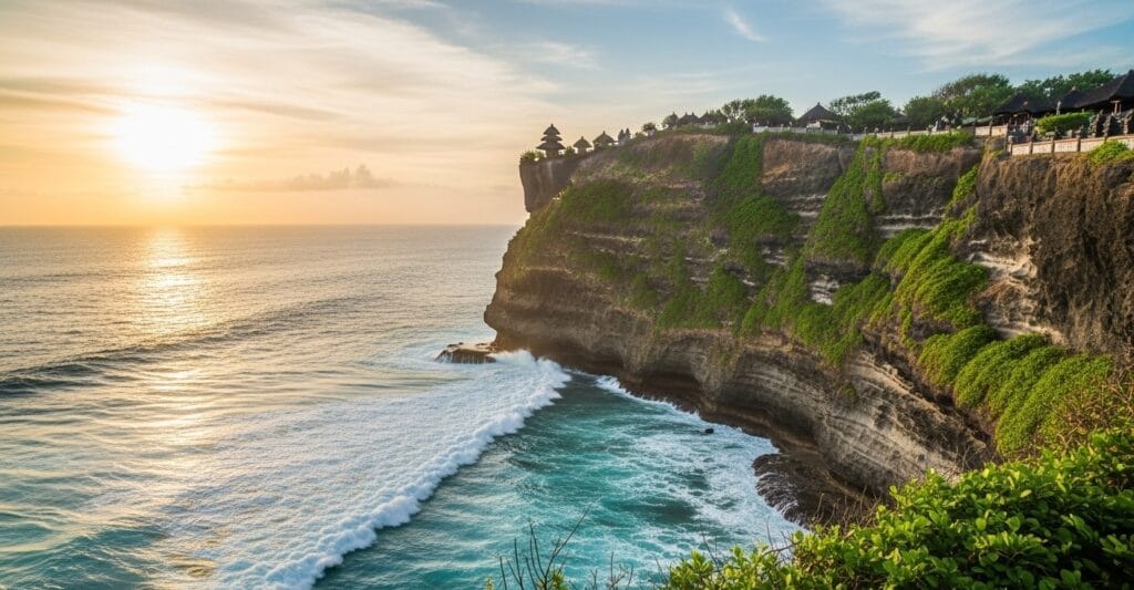 Sunset view of Uluwatu Temple Bali with golden light reflecting on ocean and rugged cliffs