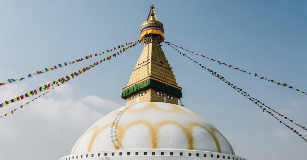 Close-up view of Boudhanath Stupa Kathmandu with white dome and fluttering prayer flags against blue sky