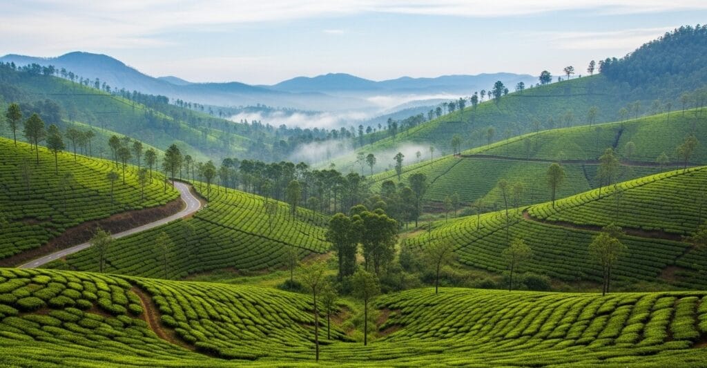Endless tea plantations covering hills in Munnar with morning mist, popular choice in Kerala Munnar trip packages